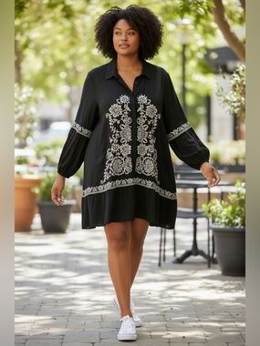 City Chic Black Long-Sleeve Tunic Dress with Ivory Floral Embroidery